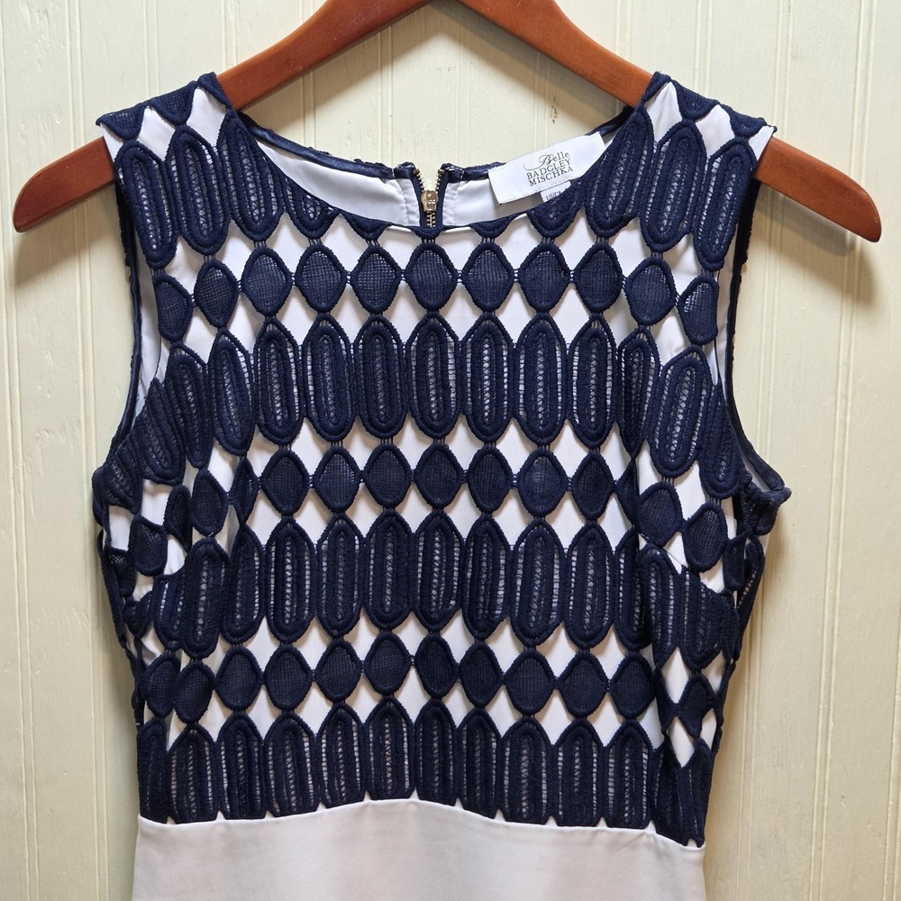 Belle Badgley Mischka Dress‎ Womens 2 Blue Stripe Lace Fit & Flare Sleeveless